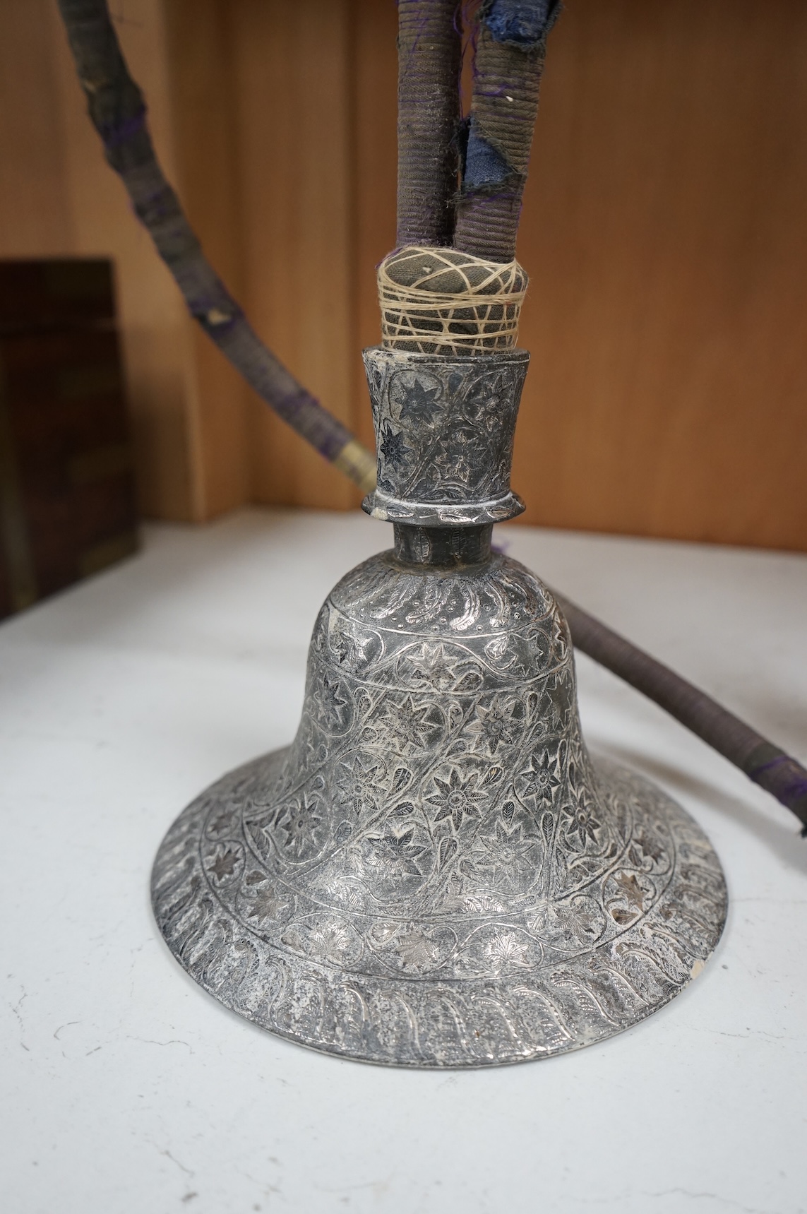 A modified silver plate, copper and porcelain hookah, 65cm